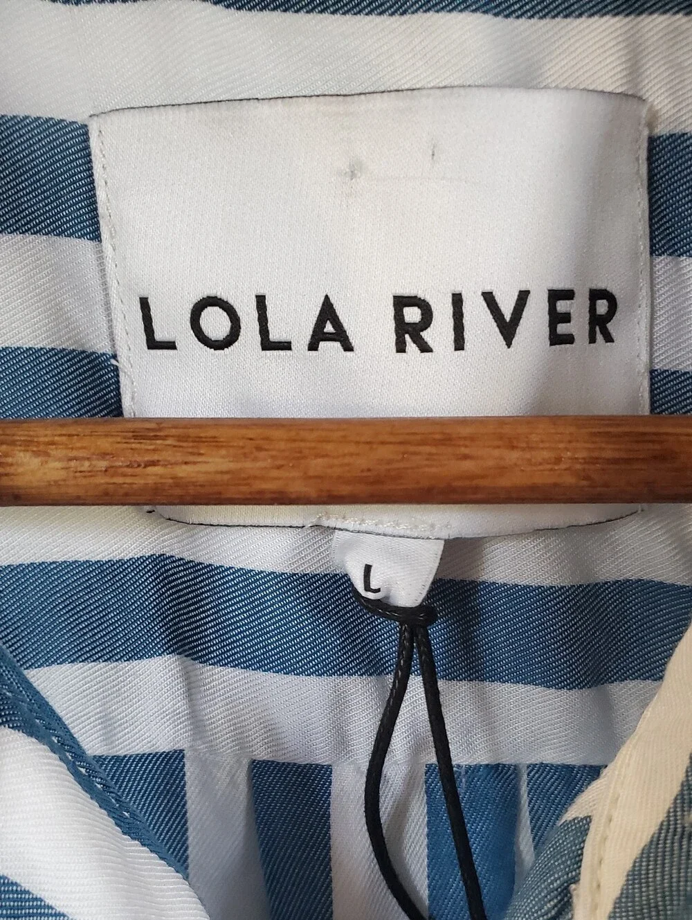 Lola River Popover Shirt Vertical Striped Blue White Button Up Blouse Tencel L - Picture 3 of 13